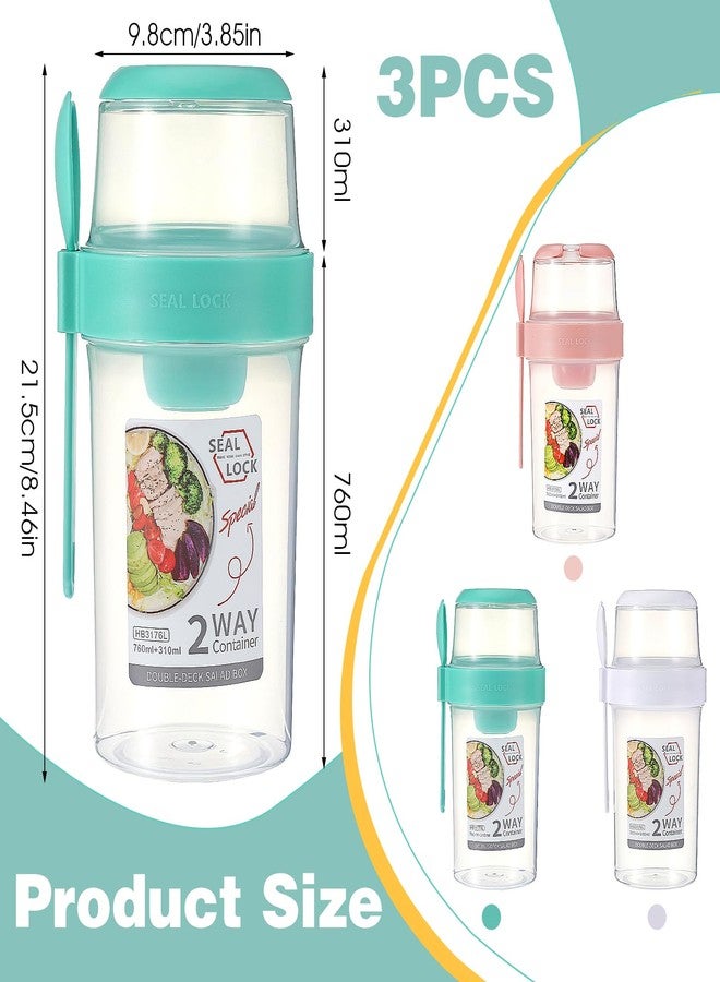 JOUTYFOR 3 Pcs Salad Shaker Cup with Lids and Fork Fresh Salad Shaker Container for Lunch, Portable Breakfast Meal Vegetable and Fruits (White,Pink,Green) - Image 2